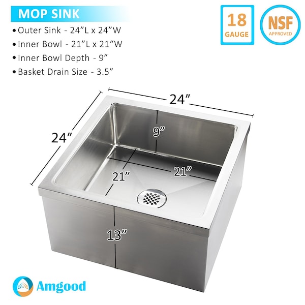 Stainless Steel Floor Mop Sink 24in X 24in X 13in 304 Stainless Steel
